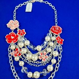 BEAUTIFUL BIG STATEMENT NECKLACE WITH ENAMELED FLOWERS AND FOX PERL, 16 INCHES